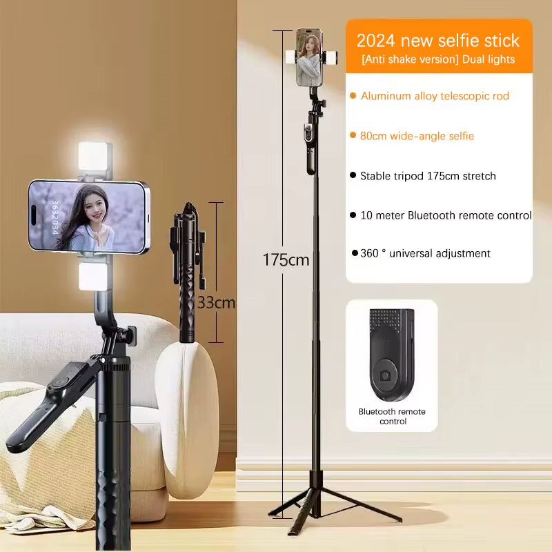 2024 New Wireless Selfie Stick Tripod Foldable Stand for Gopro Action Cameras Smartphones Balance Steady Shooting Live