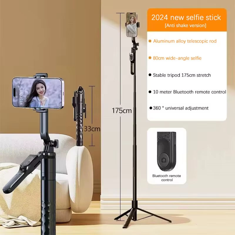 2024 New Wireless Selfie Stick Tripod Foldable Stand for Gopro Action Cameras Smartphones Balance Steady Shooting Live